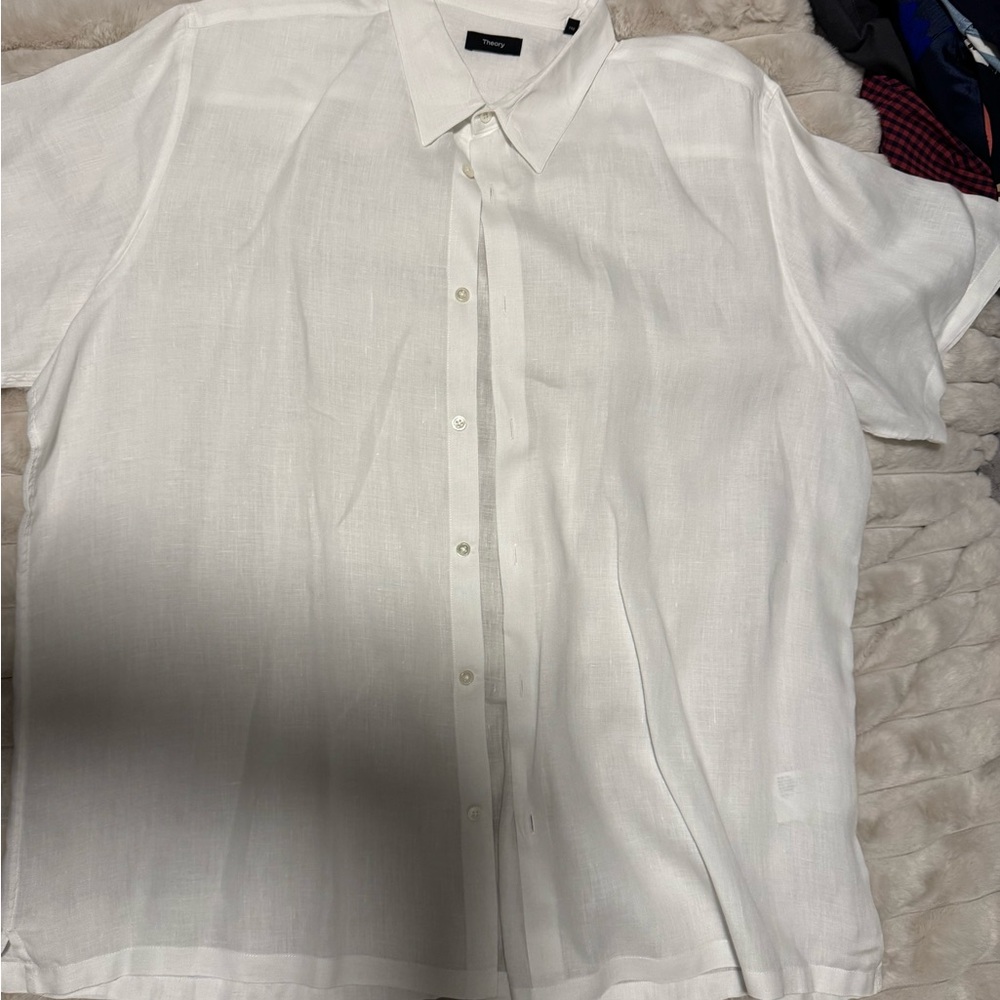 Theory White Men's Shirt Linen Short Sleeve